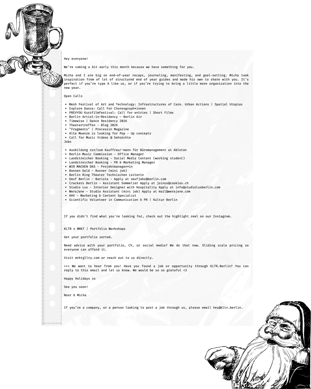 KLTR Berlin Newsletter Edition 006 featuring Berlin art jobs, open calls, Ableton, Berlin Music Commission, and year-end review guide