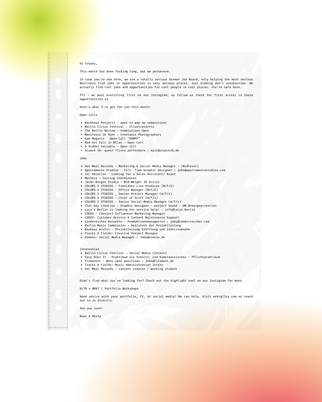 KLTR Berlin Newsletter Edition 007 featuring Berlin art jobs, open calls, residencies, and cultural opportunities