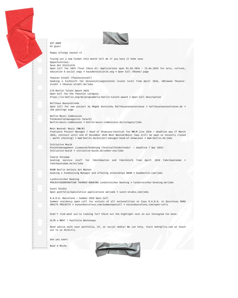 KLTR Berlin Newsletter Edition 009 featuring Berlin art jobs, open calls, Haus der Statistik, Theater Strahl, C/O Berlin Talent Award, Ballhaus Naunynstrasse, and cultural opportunities